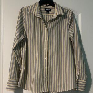 Lands' End Button Down Spring Shirt - Yellow and Gray Stripes Wrinkle free